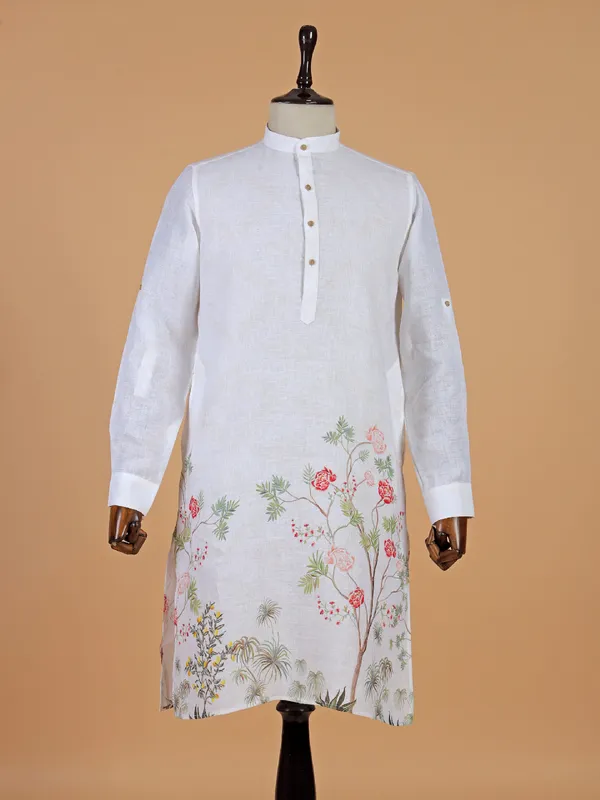Classy white cotton printed kurta for men