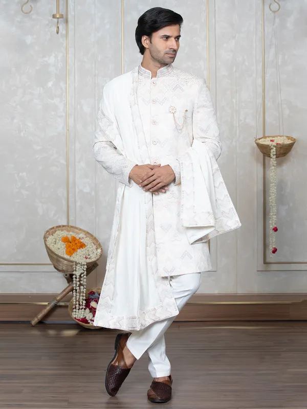 Classy white embroidery indowestern