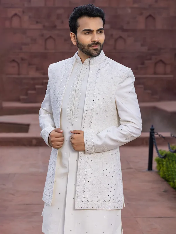 Classy white raw silk indowestern for wedding