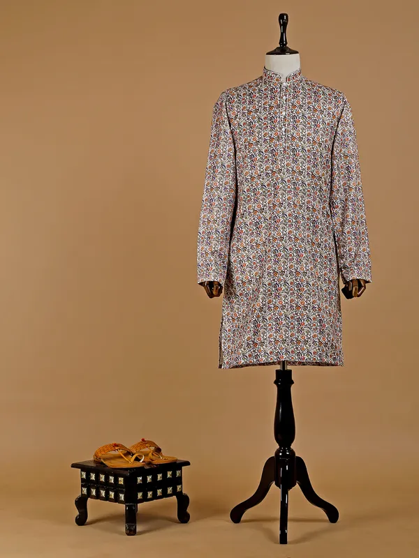 Classy white silk printed kurta