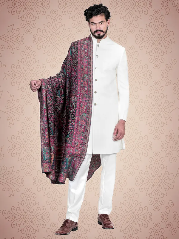 Classy white terry rayon sherwani