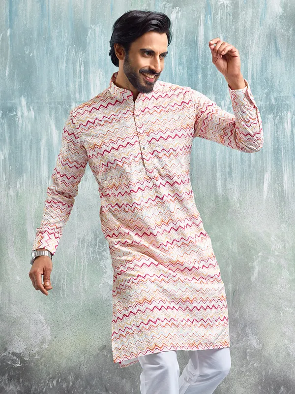 Classy white zig zag pattern kurta