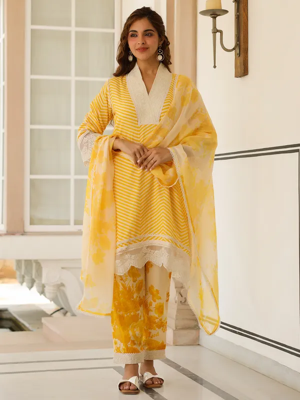 Classy yellow cotton silk printed kurti set