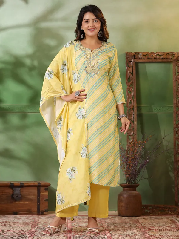 Classy yellow printed cotton silk kurti set