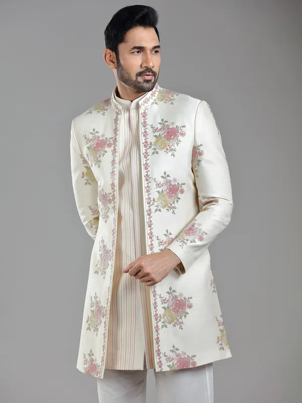 Contemporary cream silk printed indowestern with ethnic work