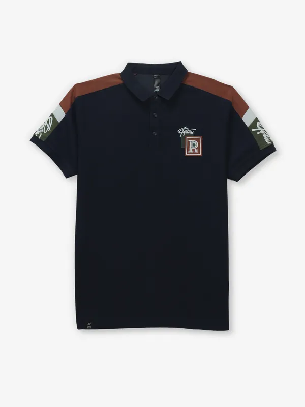 COOKYSS navy printed cotton silk t-shirt