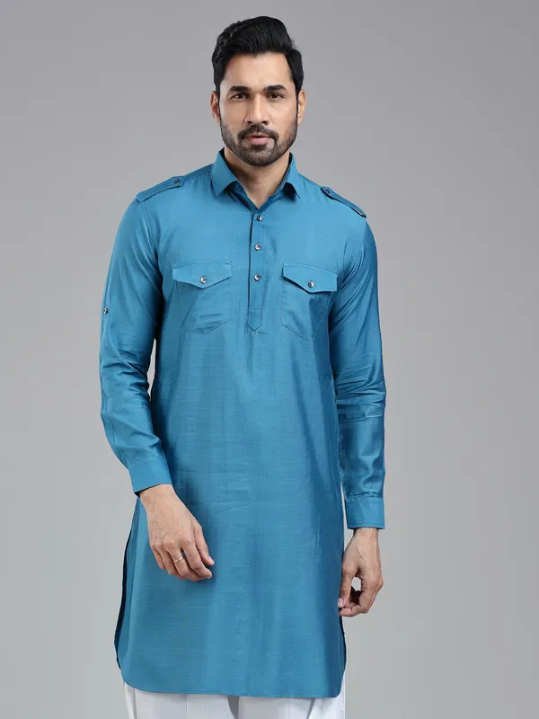 Cool refined moonstone blue pathani kurta for men