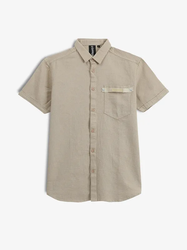 COPPER STONE beige plain cotton shirt