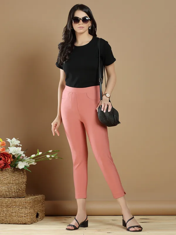 Coral pink color lycra jeggings for women