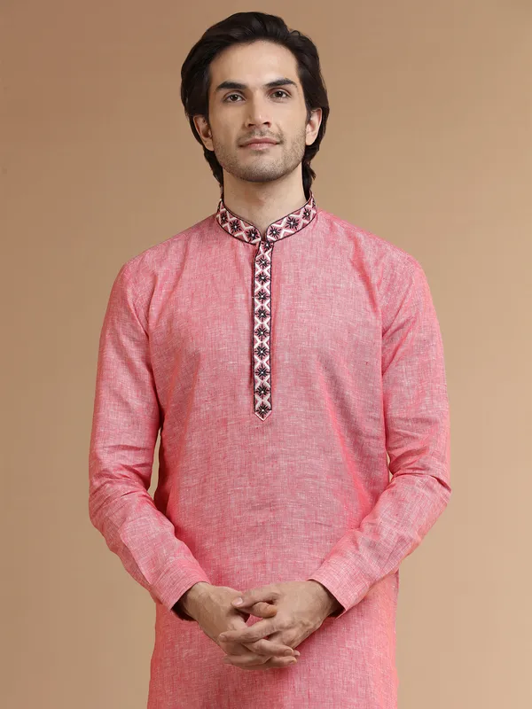 Coral pink linen plain  Men Kurta pajama
