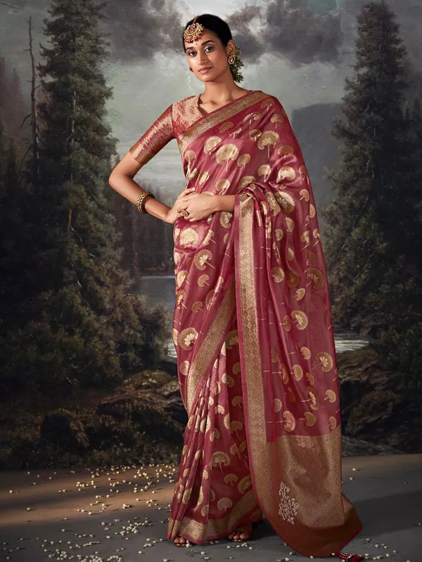 Coral pink organza festive saree