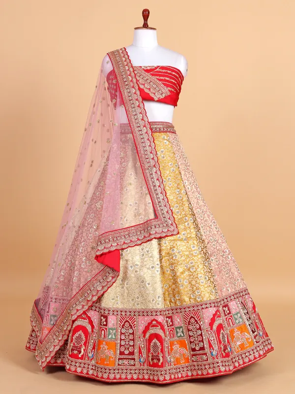 Coral red silk based wedding style lehenga choli