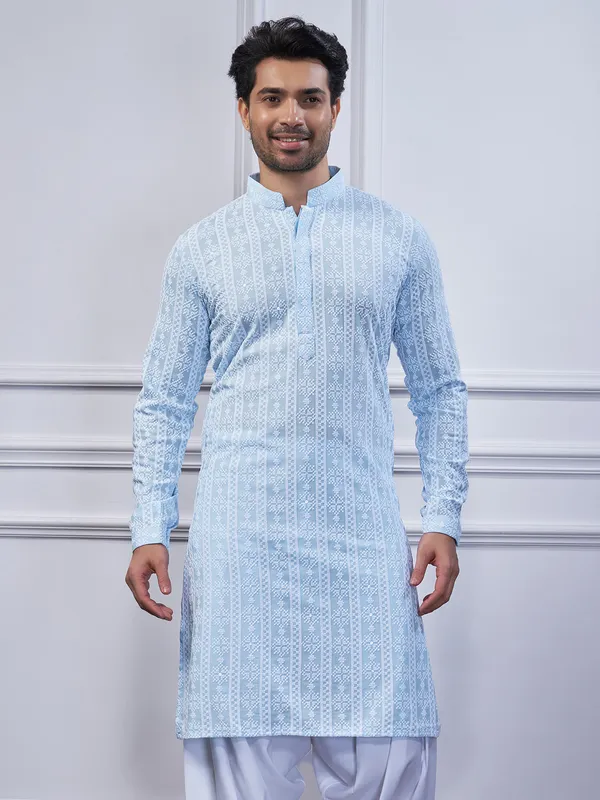 Cotton blue embroidery kurta pajama