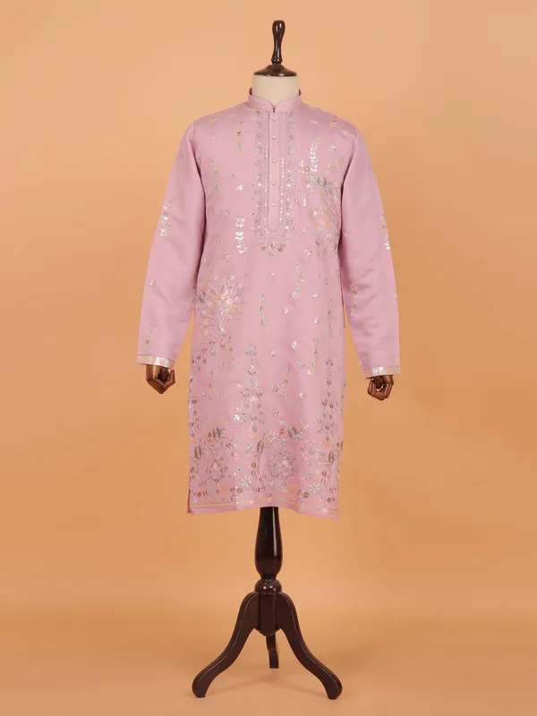 Cotton candy pink embroided designed kurta set for men