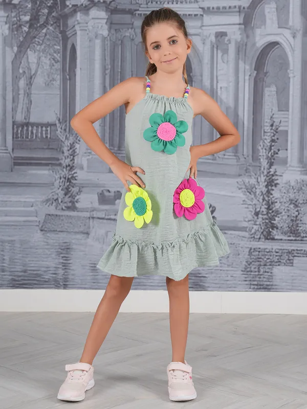 Cotton green frock with sqaure neck