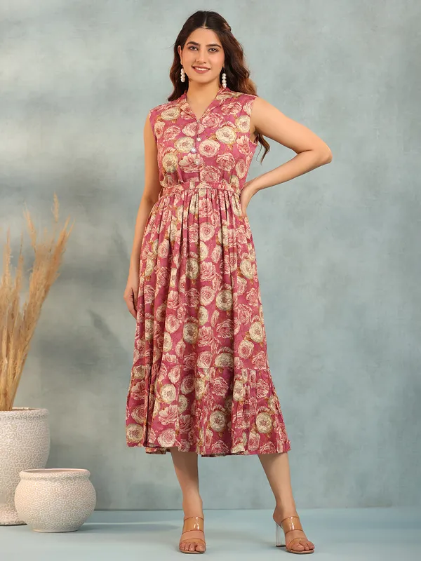 Cotton mauve pink floral printed kurti