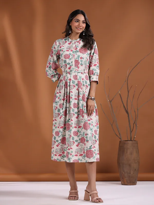 Cotton off white floral printed long kurti