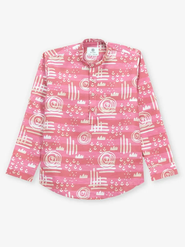Cotton pink kurta style shirt for boys with prints