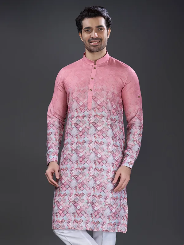 Cotton pink printed kurta suit