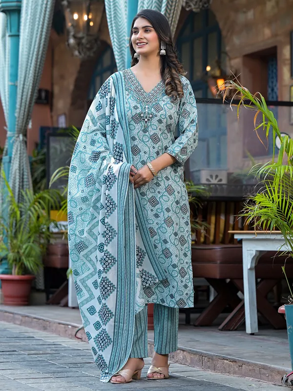 Cotton printed blue kurti set with dupatta