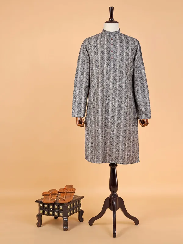 Cotton printed dark grey kurta suit