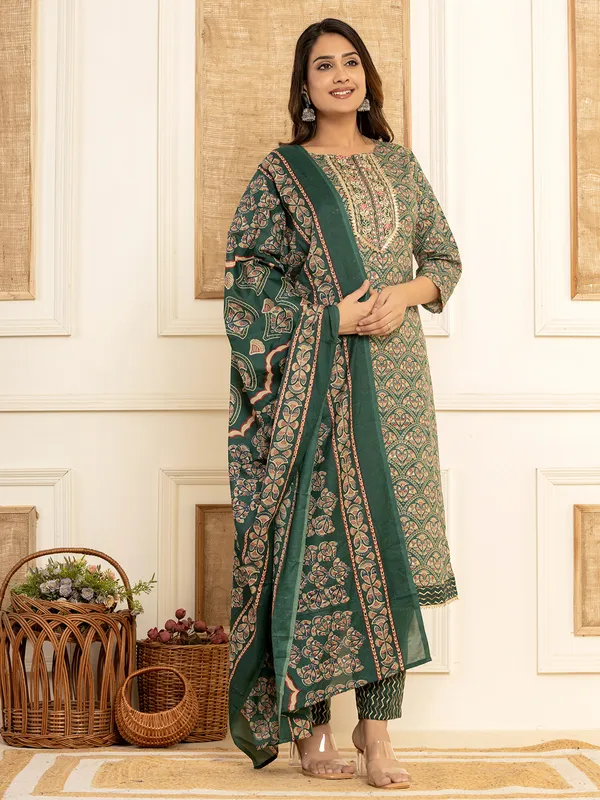 Cotton printed green kurti set with dupatta