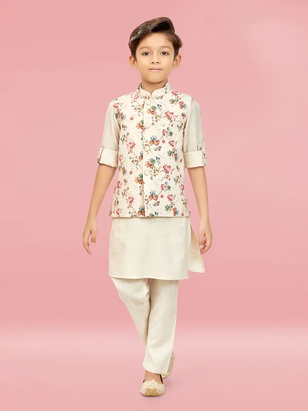 Cotton silk cream printed waistcoat set