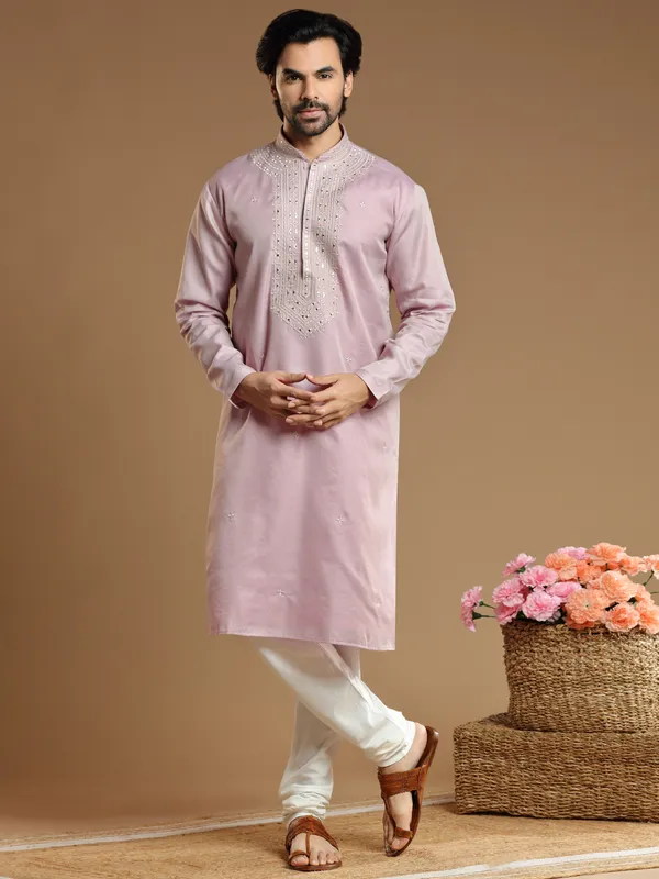 Cotton silk  Men Kurta pajama in onion pink color