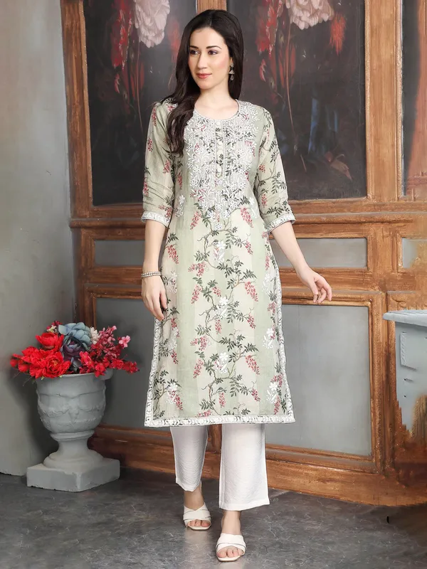 Cotton silk pista green kurti set