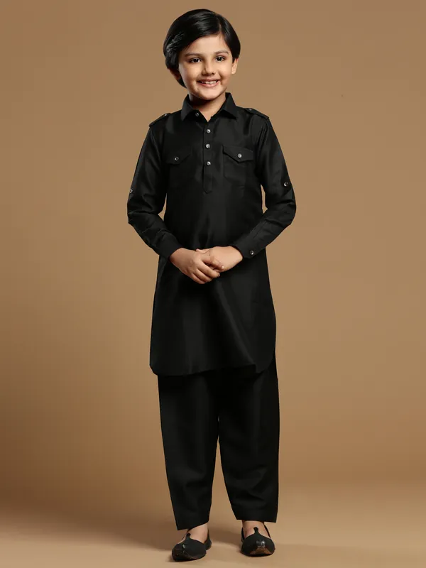 Cotton silk plain festive black pathani suit for boys