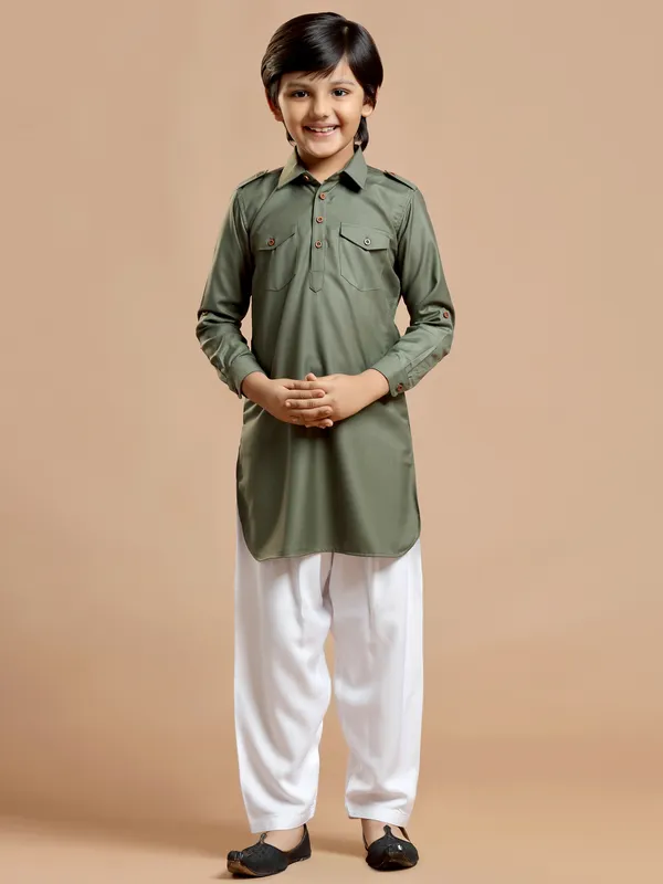 Cotton silk plain sage green festive pathani suit