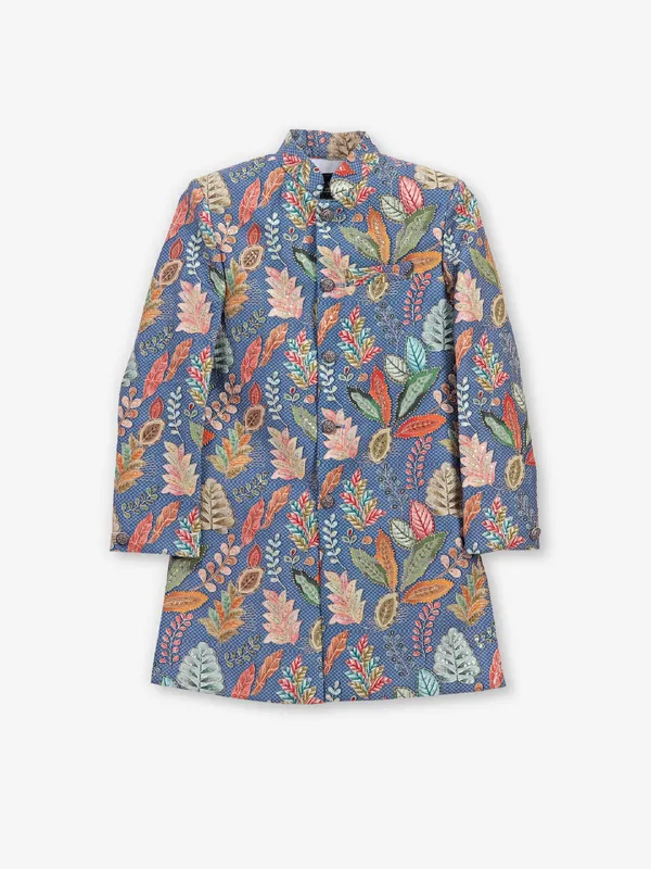 Cotton silk printed blue indowestern for boys