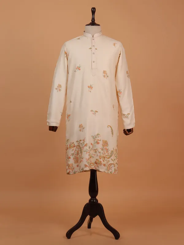 Cotton silk printed cream kurta suit