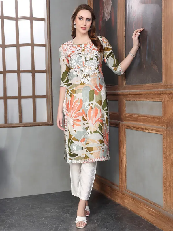 Cotton silk printed kurti set in multicolor