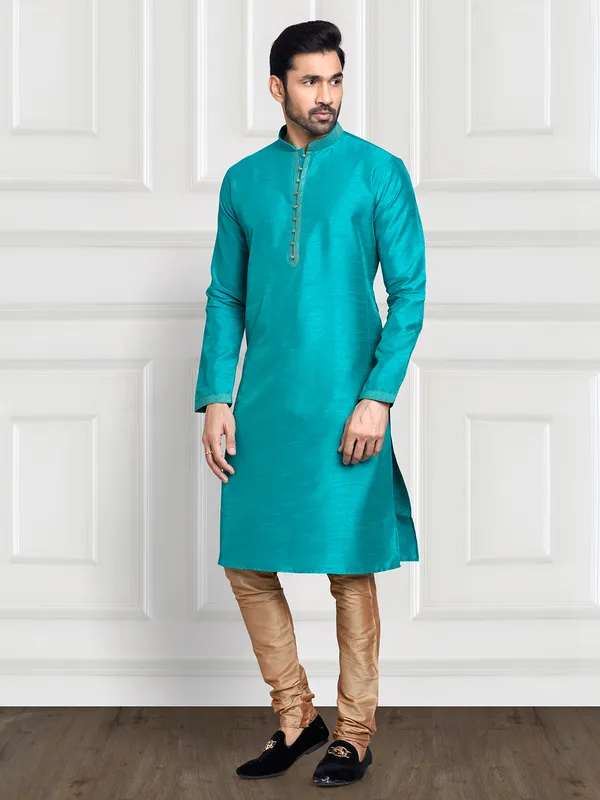 Cotton silk rama blue plain kurta suit