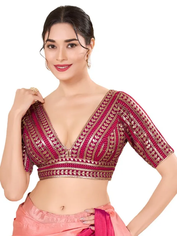 Cotton silk ready made blouse in megenta pink