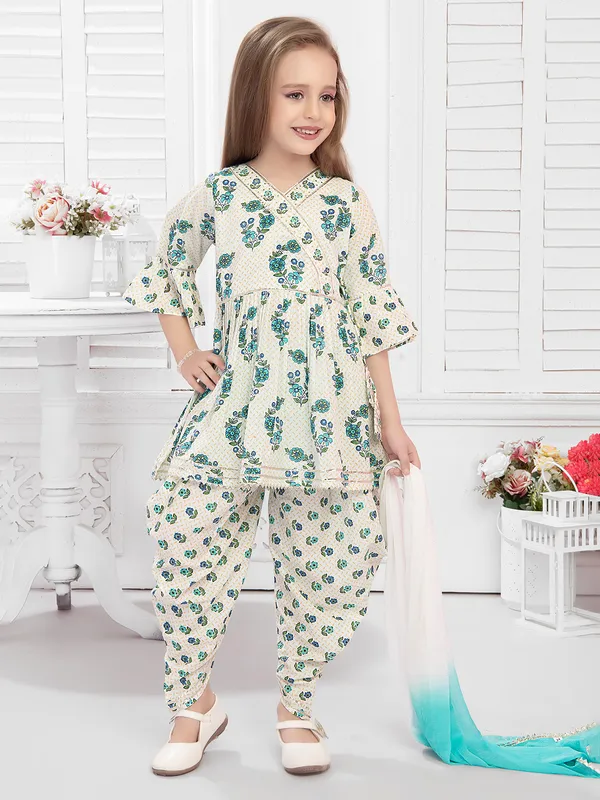 Cotton white printed dhoti set