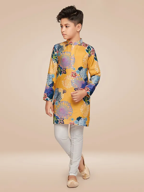 Cotton yellow floral printed kurta suit