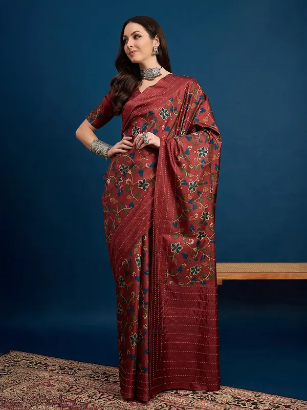 cozi silk printed saree in brown