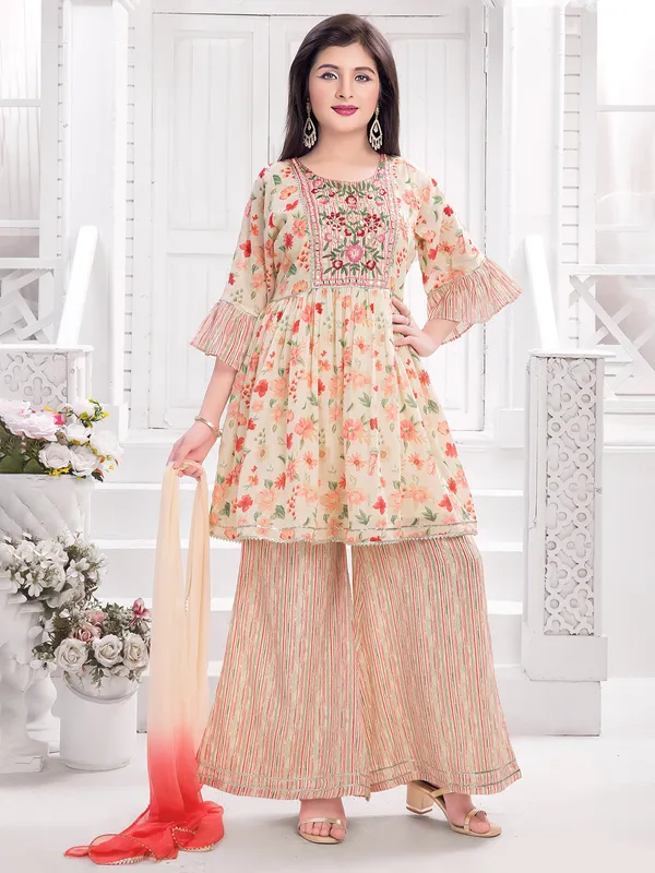 Cream aabla worked printed palazzo suit