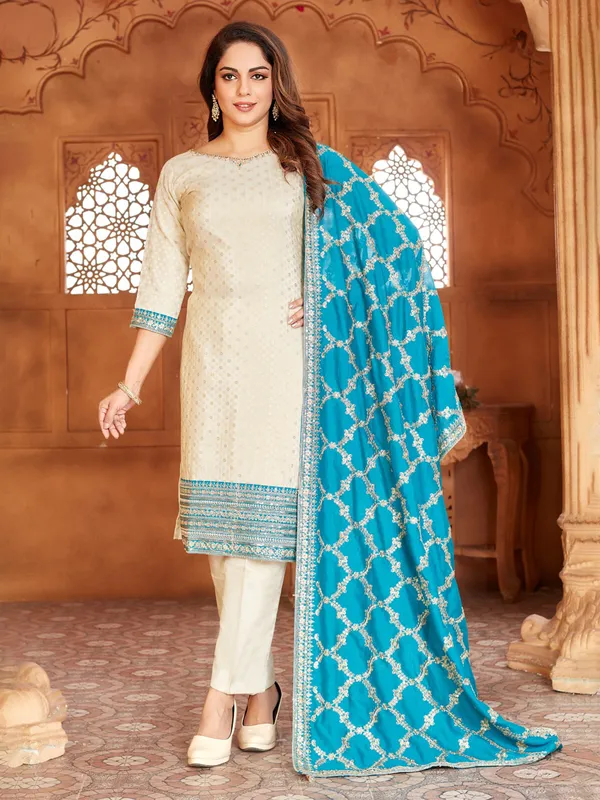 Cream and aqua silk salwar suit with dupatta