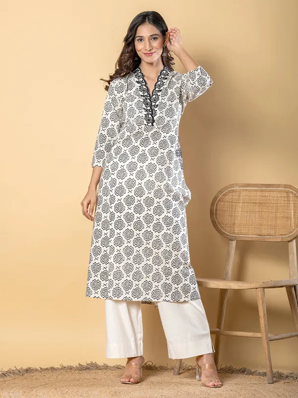 Cream and black cotton silk printed kurti palazzo set