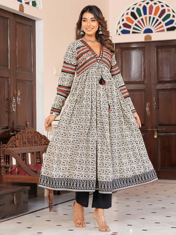 Cream and black printed cotton kurti set