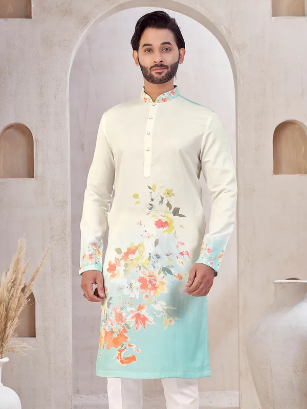 White and blue cotton printed kurta suit