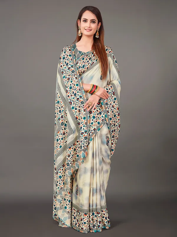 Cream and blue pashmina silk saree with print