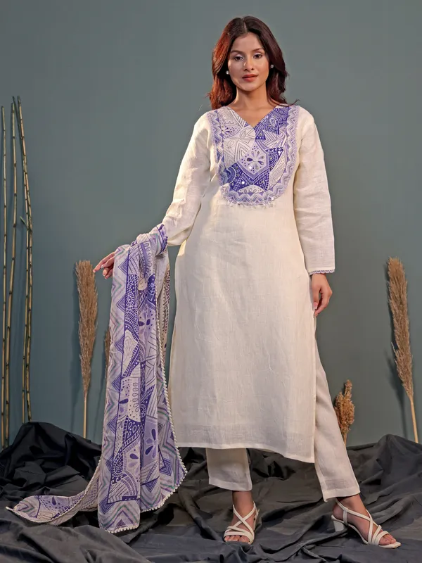 Cream and blue printed cotton salwar suit