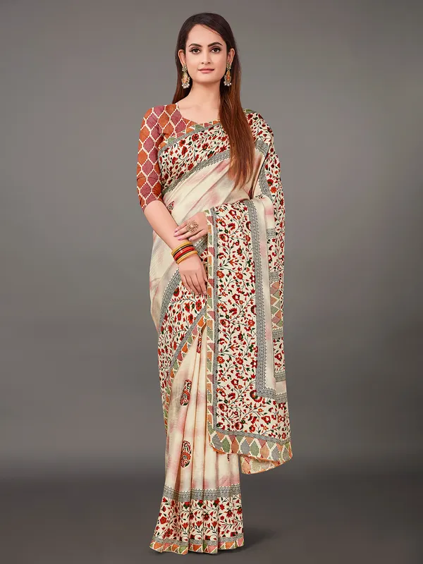 Cream and brown pashmina silk saree