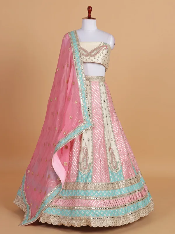 Cream and coral pink silk wedding style lehenga choli