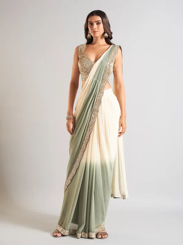 Cream and green georgette saree