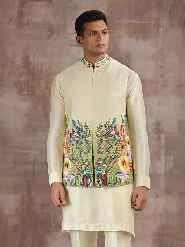 Cream and green ombre silk waistcoat set